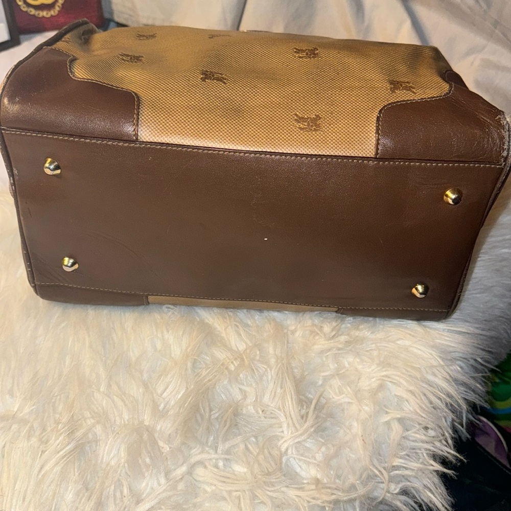 90s VTG Burberrys Boston Duffle Travel Bag Brown Leather Monogram Bag Italy Used - Picture 5 of 16